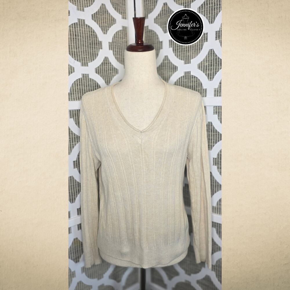 Jeanne Pierre Beige V Neck Long Sleeve Pullover Sweater Size Large